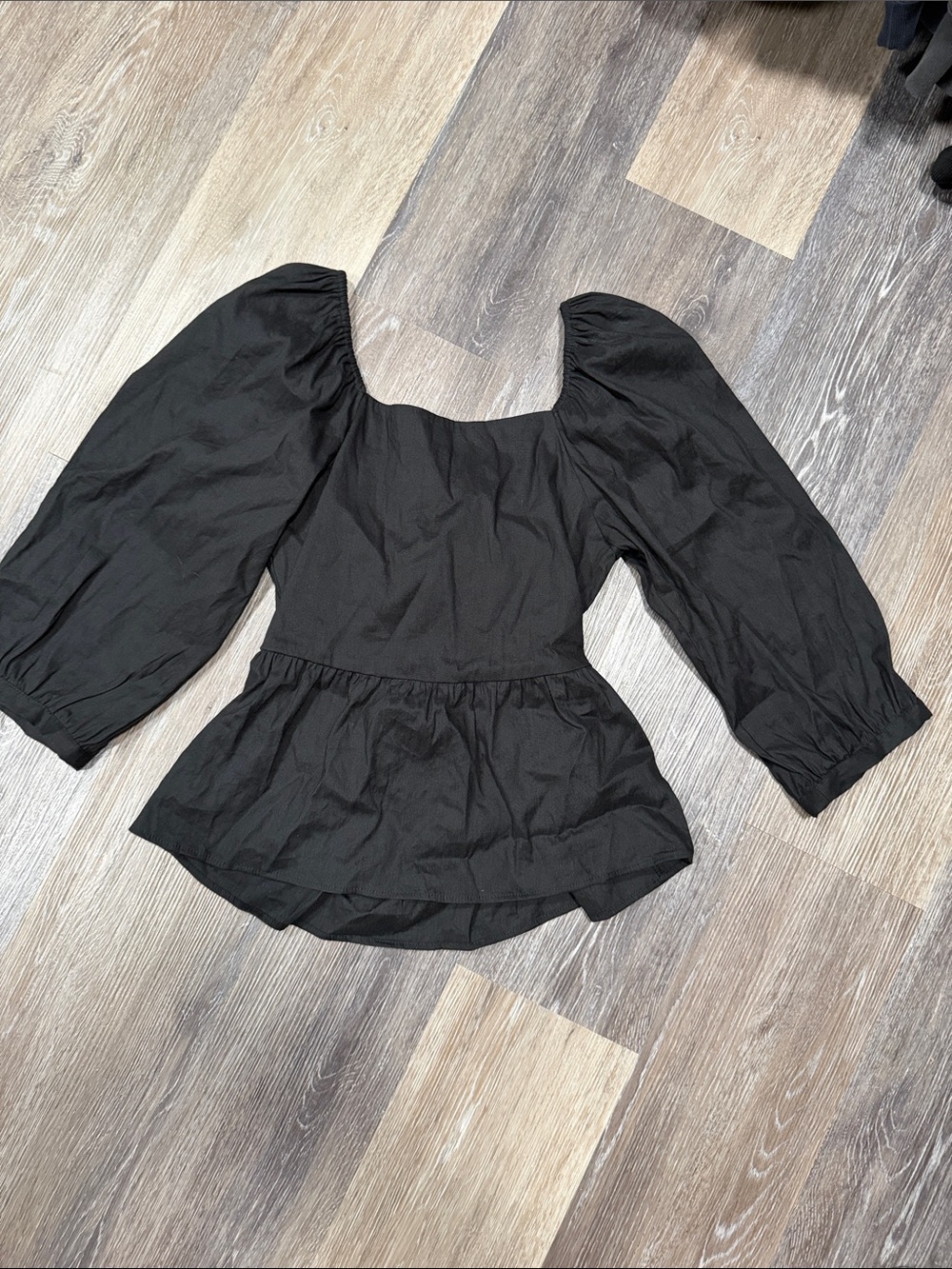 NWT Fifteen Twenty Black Back Tie Puff Sleeve Peplum Blouse